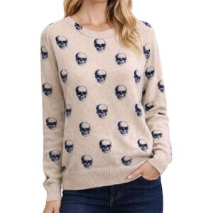 360 Cashmere Beige 100% Cashmere Blue Skull Print Sweater SZ S